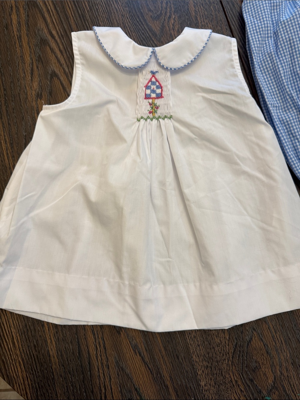 Embroidered white Sleeveless Top with Blue Gingham Bloomers - Picture 2 of 7